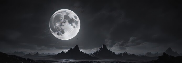 Giant full moon dominates inky black sky, creating a haunting scene ,  horror,  gothic