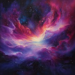 abstract cosmic painting with purple and red hues.