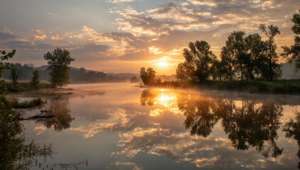 Poster - Serene sunrise over a calm river, mist rising from the water, reflecting the golden light and silhouettes of trees on the banks, creating a peaceful and idyllic scene. : Generative AI