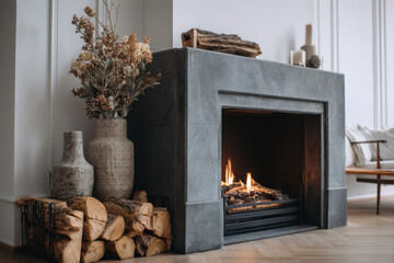 Poster - Cozy living room interior with a modern gray stone fireplace, burning fire, dried flowers in vases, and a pile of firewood. : Generative AI