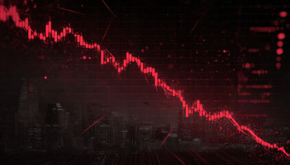 Fototapete - Red candlestick chart depicting a sharp market decline, overlaid on a dark cityscape at night, symbolizing financial crisis or economic downturn. : Generative AI