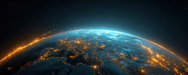 Wall Mural - stunning digital rendering of earth at night, showcasing the glowing city lights across europe and p