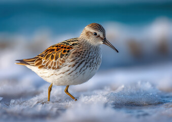 Poster - A small shorebird, possibly a dunlin, delicately walks along a beach, its feathers a mix of brown, white, and orange, against a blurred ocean backdrop. : Generative AI
