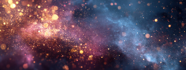 Poster - Abstract cosmic nebula with vibrant gold, pink, and blue hues, featuring glittering particles and bokeh effects, ideal for fantasy, space, or magical themes. : Generative AI