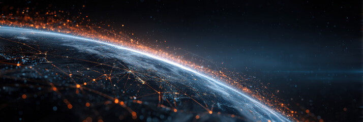 Poster - Global network connections visualized as glowing lines and nodes over a detailed earth at night, showcasing digital communication and data transfer across continents. : Generative AI