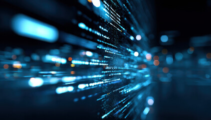 Poster - Abstract digital data stream, glowing blue lines and code, futuristic technology background.  Perfect for tech, innovation, or cybersecurity concepts. : Generative AI