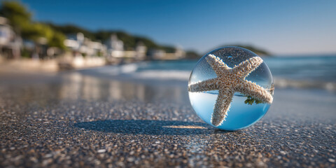 Poster - A starfish inside a glass sphere rests on a beach, the ocean and a blurred coastal village in the background, creating a serene summer scene. : Generative AI