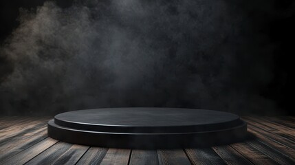 Poster - Dark moody circular platform on wooden floor with smoky background.