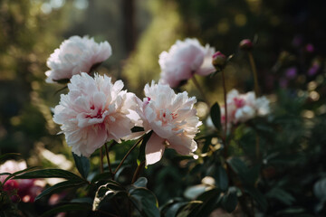 Poster - Delicate pale pink peonies bloom in a lush garden setting, bathed in soft sunlight, creating a serene and peaceful atmosphere. : Generative AI