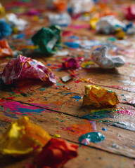 Leinwandbilder - Colorful crumpled paper balls scattered on a vibrant paint-splattered wooden floor, creating a chaotic yet artistic scene. : Generative AI