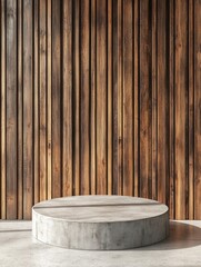 Canvas Print - concrete podium against wood paneling backdrop, studio shot, product display, minimalist design, nat