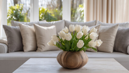 Poster - A bouquet of white tulips sits in a wooden vase on a coffee table in front of a beige sofa with decorative pillows, creating a serene living room scene. : Generative AI