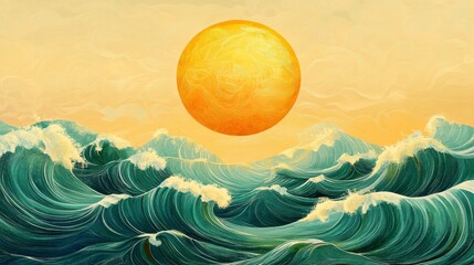 Aufkleber - Vibrant ocean waves under a large, stylized sun.