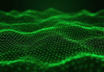 A green network grid creates a wavy abstract pattern with interconnected dots and lines