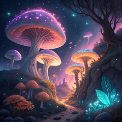 fantasy scene: underwater jellyfish bloom amidst blue fantasy flowers, a marine illustration alive w