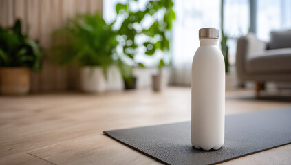 Poster - White water bottle rests on a dark grey yoga mat in a bright, minimalist living room with blurred houseplants in the background. : Generative AI
