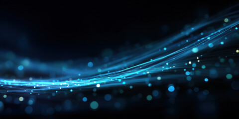 Fototapete - Abstract digital wave with glowing blue particles and dark background, perfect for technology, science, or futuristic designs. : Generative AI