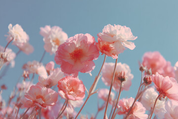 Poster - A field of delicate pink flowers blossoms under a clear, bright blue sky, creating a serene and peaceful springtime scene. : Generative AI