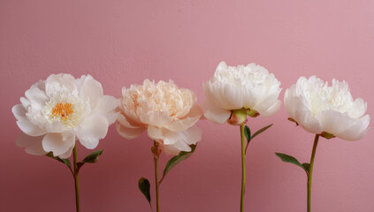 Poster - A row of white peonies on a pink background, in a flat lay. A floral composition with four large blooming flowers in soft shades of beige and cream : Generative AI