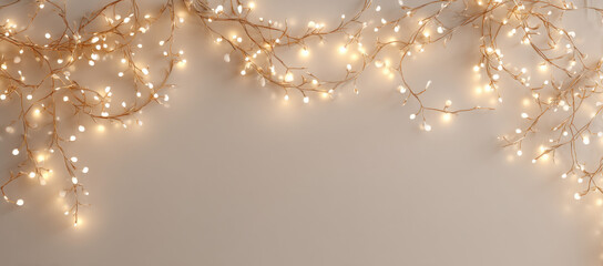 Poster - Golden fairy lights arranged in a festive border on a beige background, creating a warm and inviting atmosphere, perfect for holiday or celebration themes. : Generative AI