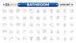 © artshuvo - Bathroom outline icons. Editable Stroke. Shower, bath, toilet, bidet, mirror, water tap. Laundry and garbage basket. Cosmetics shampoo comb cream. Toilet paper napkins. Editable stroke outline icon.