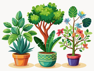 a collection of three indoor trees in different decorative pots. white background, botanical diversi