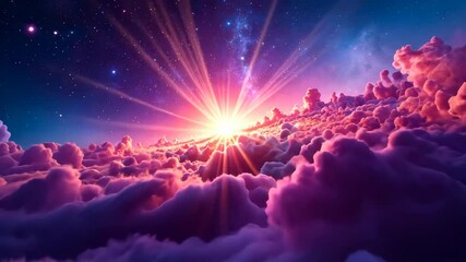 Wall Mural - Sunrise Above the Fluffy Pink and Purple Clouds in the Starry Sky