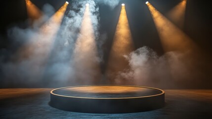 Aufkleber - Empty circular stage with spotlight and smoke.