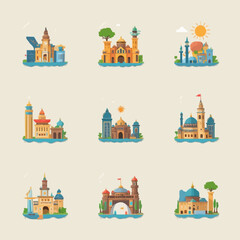  Architectural landmarks cartoon buildings icons