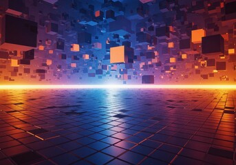 Floating cubes create an abstract geometric pattern with a glowing horizon line