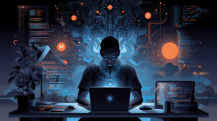 Wall Mural - software development, working on laptop. night workplace of coder top view . programming of online i