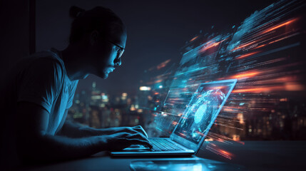 Wall Mural - software development, working on laptop. night workplace of coder top view . programming of online i