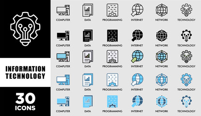 INFORMATION TECHNOLOGY icon set with various styles and colors customer satisfaction questionnaire of computer, data, programming, database, internet, network, and technology icons symbol background