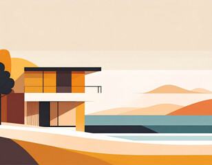 Wall Mural - Modern villa by beach with minimalist design, featuring warm colors and geometric shapes. serene landscape includes hills and calm sea, creating tranquil atmosphere