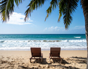 Wall Mural - Relax on two wooden chairs under palm trees on tropical beach, with waves gently lapping at shore and clear blue sky above. serene atmosphere invites tranquility and peace