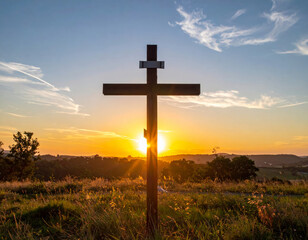 Wall Mural - beautiful sunset view featuring wooden cross silhouetted against vibrant sky. scene evokes sense of peace and reflection, surrounded by nature beauty