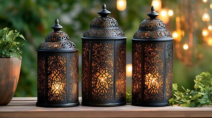 Wall Mural - Elegant Black Metal Lanterns with Intricate Cutouts Illuminate Outdoor Evening Setting