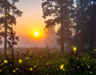 Wall Mural - sunrise illuminates misty forest, with fireflies dancing in foreground, creating magical atmosphere.