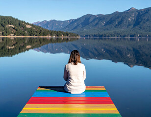 Wall Mural - person sitting on colorful dock by serene lake, surrounded by mountains and clear blue skies, reflec
