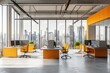 © SUUGOIisME - Modern office interior with orange chairs and large windows showcasing a city skyline at sunset. creating a vibrant and productive work environment