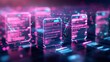 © Watcharaporn - Futuristic digital data transfer concept with glowing holographic knowledge transfer interface and floating database documents in neon pink and blue