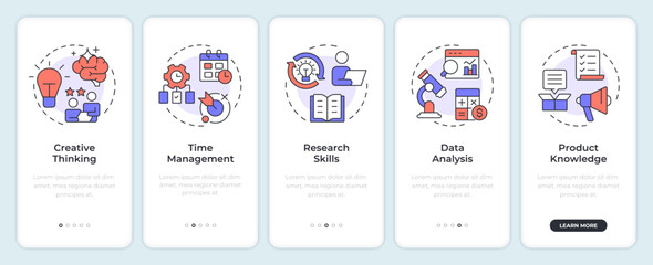 Wall Mural - Key professional competencies onboarding mobile app screen. Walkthrough 5 steps editable graphic instructions with linear concepts. UI, UX, GUI. Montserrat SemiBold, Regular fonts used