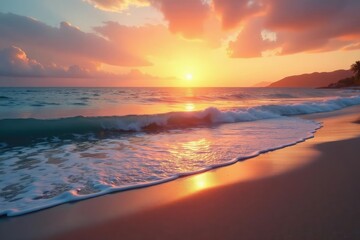 Wall Mural - Serene beach scene at sunset, calm ocean waves lapping gently on the shore , calm, comfort