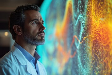 Aufkleber - A contemplative scientist observes complex data visualizations on a large screen, showcasing intricate patterns and insights.