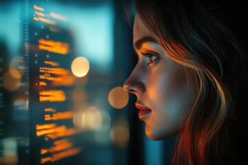 Poster - A young woman gazes intently at a screen displaying lines of code, bathed in warm and cool light.