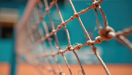 Close-up of a volleyball net, showing the intricate knotting and texture of the strings ,  sports,  leisure,  athletic