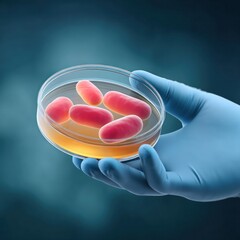 Poster - Gloved hand carefully holding a petri dish showcasing a bacterial culture sample for scientific research