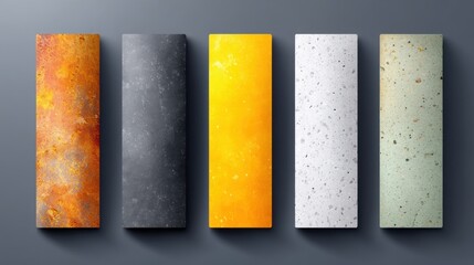 Poster - Five Vertical Rectangles Showcasing Diverse Textures Rust Metal Grey Yellow White Green speckled backgrounds