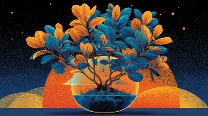 Leinwandbilder - Vibrant Blue and Orange Plant in Glass Dome Artistic Botanical Illustration