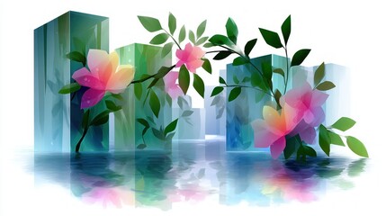Poster - Serene Cityscape Reflection Vibrant Flowers Blooming Amidst Glass Buildings